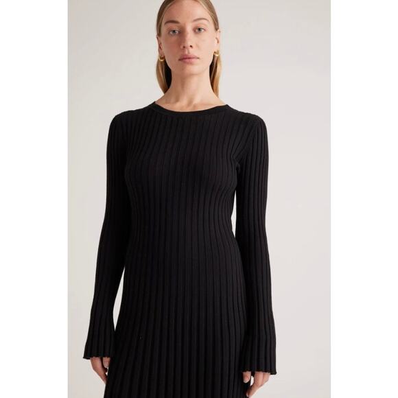 Quince Wm's Cotton Cashmere Ribbed Long Sleeve Crew Midi Dress Sz L Black #119 - Picture 3 of 5